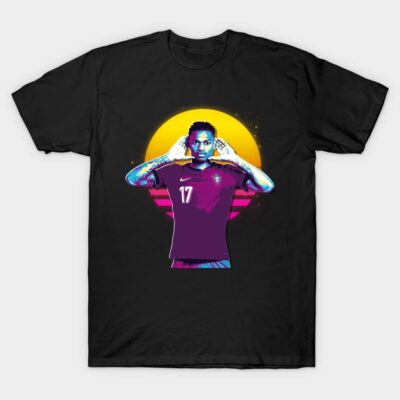 Black graphic t-shirt with vibrant sunset and athlete design, ideal for casual wear, made from soft cotton.