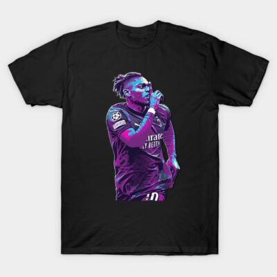 Black graphic t-shirt with vibrant purple and blue sports illustration, casual unisex cotton apparel.