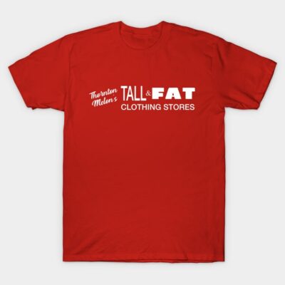 Red cotton t-shirt with "Tall & Fat Clothing Stores" text, casual style, ideal for everyday wear.