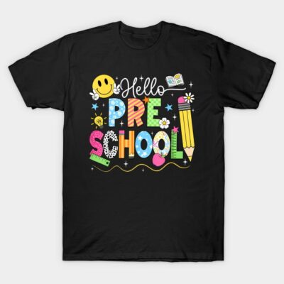 Black "Hello Preschool" graphic t-shirt with colorful playful design, perfect for back-to-school outfits.