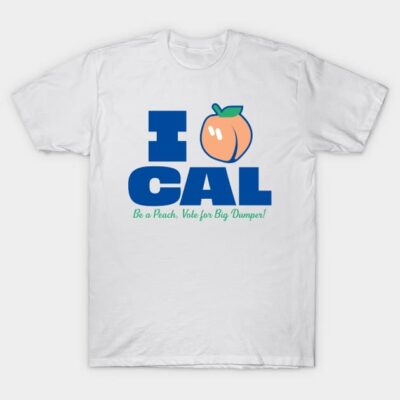 White cotton t-shirt with bold blue and peach graphic design, slogan "I Cal," casual wear for everyday use.