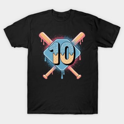 Black t-shirt with colorful baseball-themed graphic featuring number 10, crossed bats, and vibrant splashes.