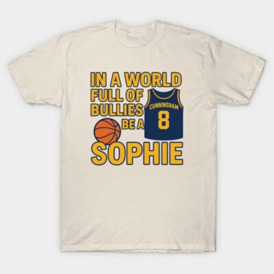 Cream t-shirt with bold motivational text and basketball graphic, featuring blue and yellow sports jersey design.