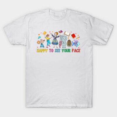 White cotton t-shirt with colorful "Happy to See Your Face" graphic and playful characters, ideal for casual wear.
