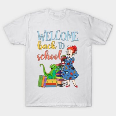 White "Welcome Back to School" T-shirt with colorful cartoon design, perfect for school events, 100% cotton.