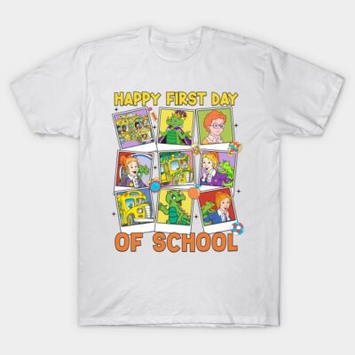 White T-shirt with colorful "Happy First Day of School" cartoon design, featuring buses and playful characters. Cotton material.