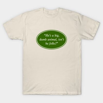 Cream t-shirt with green oval graphic and humorous quote, casual wear, cotton material, unisex design.