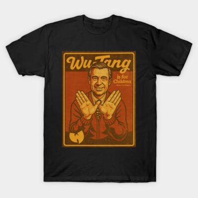 Black graphic t-shirt featuring retro-style design with bold text and artistic illustration, perfect for casual wear.