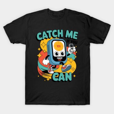 Black t-shirt with playful cartoon graphic and "Catch Me If You Can" text, perfect for casual wear or gifting.