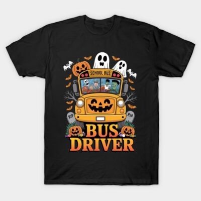 Black Halloween-themed T-shirt with school bus and ghost design, perfect for bus drivers. Cotton material, casual style.