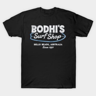 Black t-shirt with "Bodhi's Surf Shop" graphic, casual style, made from cotton, ideal for everyday wear.