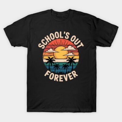 Black "School's Out Forever" t-shirt with retro sunset and palm tree design, perfect for casual wear.