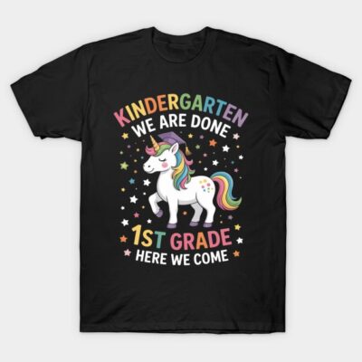 Black T-shirt with colorful unicorn design and text "Kindergarten We Are Done, 1st Grade Here We Come" for kids.