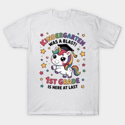 White t-shirt with colorful "Kindergarten Was a Blast" unicorn design, perfect for celebrating first grade transition.