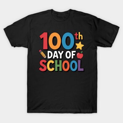 Black T-shirt with colorful "100th Day of School" print, featuring pencil, star, and apple graphics for celebration.