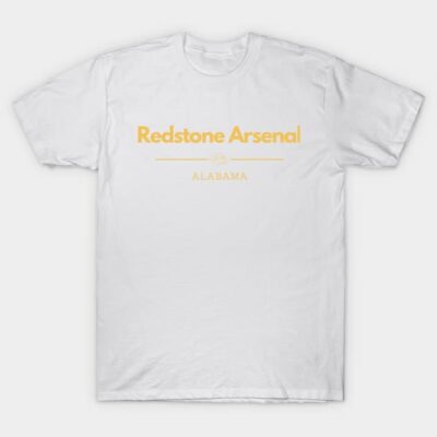 White cotton t-shirt with yellow "Redstone Arsenal Alabama" text, casual style, ideal for everyday wear.