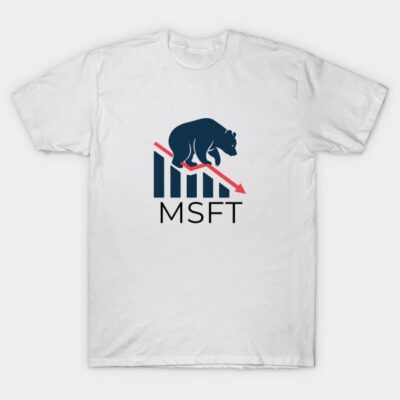 White t-shirt with bear market downtrend graphic and "MSFT" text, casual style, unisex cotton material.