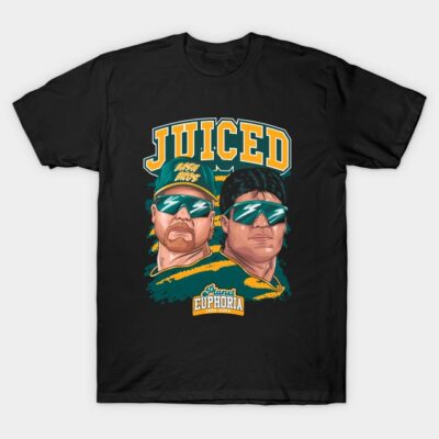 Black graphic t-shirt featuring bold "Juiced" text with illustrated characters, ideal for casual wear.