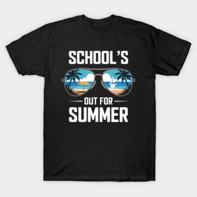 Black t-shirt with "School's Out for Summer" text and sunglasses beach graphic. Casual summer wear, cotton material.