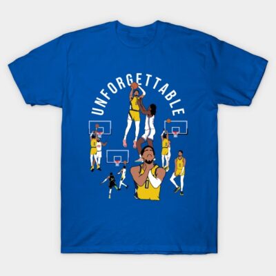 Blue basketball-themed T-shirt with "Unforgettable" text, featuring dynamic player illustrations and hoop graphics.