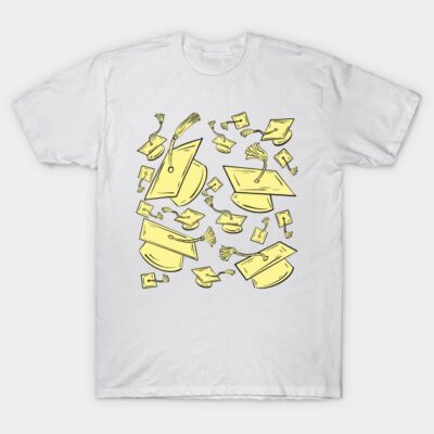 White T-shirt with yellow graduation cap design, casual style, perfect for graduation celebrations, soft cotton material.