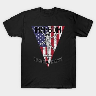 Black t-shirt with HH-60H Rescue Hawk helicopter graphic on American flag background, casual wear, cotton material.