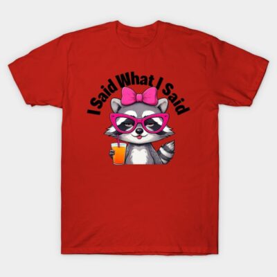 Red t-shirt with cute raccoon graphic, pink bow, sunglasses, and drink. Fun casual wear for statement style.