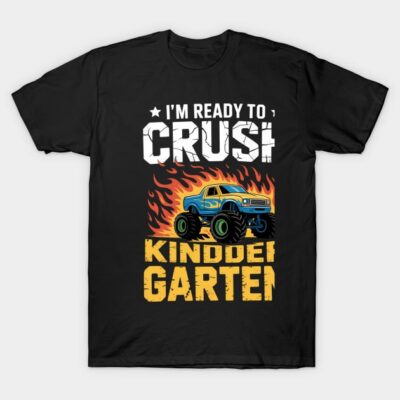 Black t-shirt featuring "I'm Ready to Crush Kindergarten" with a colorful monster truck and flame graphic design.