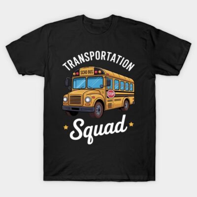 Black T-shirt with yellow school bus graphic and "Transportation Squad" text, casual style, cotton material.