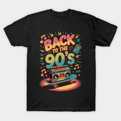 Black t-shirt with colorful "Back to the 90's" graphic, featuring a boombox and skateboard, retro style design.