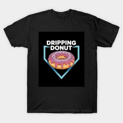 Black t-shirt with colorful dripping donut graphic and text, casual style, perfect for everyday wear.