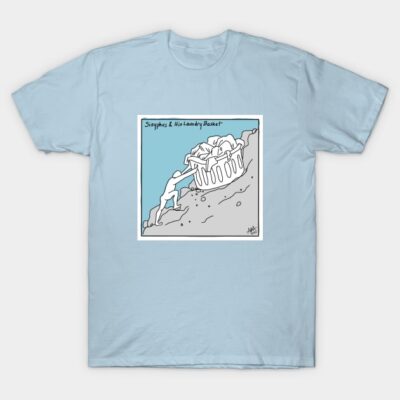 Light blue T-shirt featuring a humorous "Sisyphus and his Laundry Basket" cartoon graphic, casual style, cotton material.