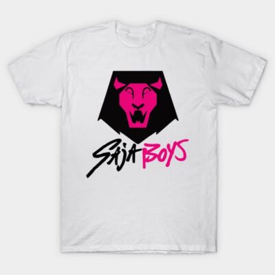 White t-shirt with bold pink and black lion graphic design, casual wear, cotton material.