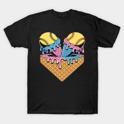Black t-shirt with colorful ice cream and baseball graphic design, casual wear, cotton fabric, unisex style.