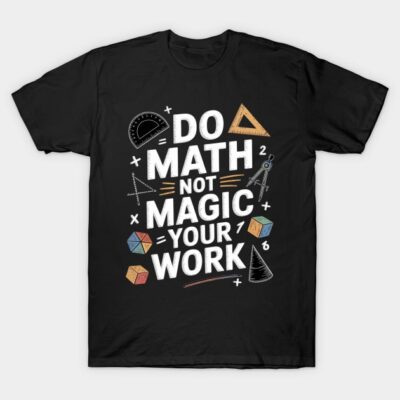 Black T-shirt with math-themed graphic and text "Do Math Not Magic Your Work," ideal for math enthusiasts.