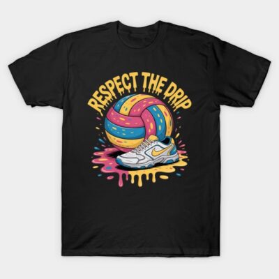 Black t-shirt with vibrant volleyball and sneaker graphic, "Respect the Drip" text, casual wear.