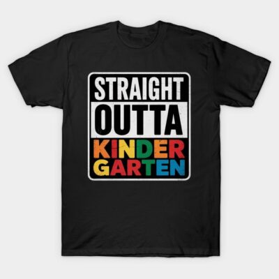 Black t-shirt with "Straight Outta Kindergarten" design in bold, colorful letters, perfect for kids' graduation.