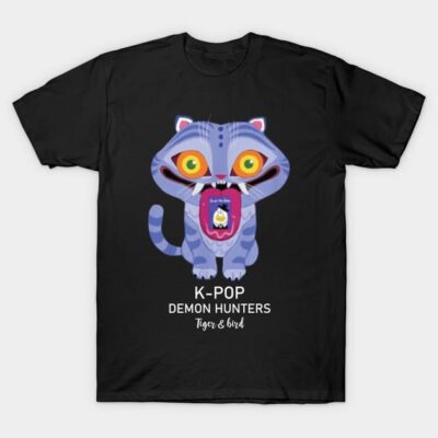 Black K-Pop Demon Hunters t-shirt featuring a colorful cartoon cat design, ideal for casual wear and fans of unique styles.