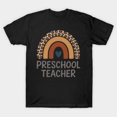Black "Preschool Teacher" T-shirt with leopard print rainbow design, perfect for casual wear or gifting educators.