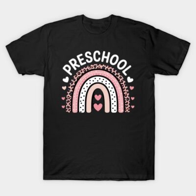Black preschool t-shirt with pink rainbow and heart design, cotton material, casual style for kids.