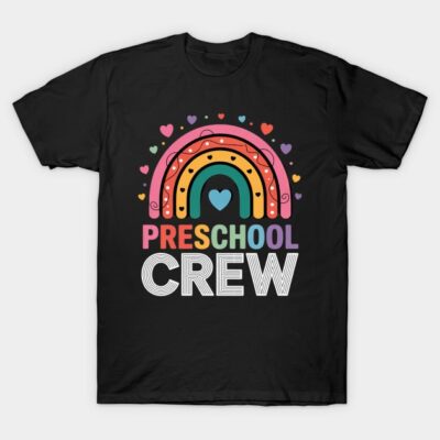 Black t-shirt with colorful rainbow and heart design, featuring "Preschool Crew" text, ideal for casual wear.