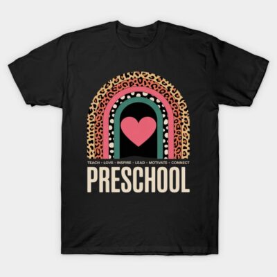 Black preschool-themed T-shirt with colorful heart and rainbow design, featuring motivational words. Cotton material.