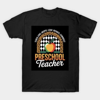 Black preschool teacher T-shirt with apple and checkerboard design, ideal for educators, made of soft cotton.