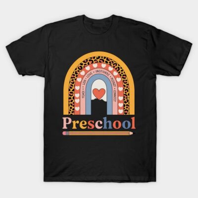 Black preschool t-shirt with colorful rainbow, heart design, and pencil graphic; ideal for early childhood educators.