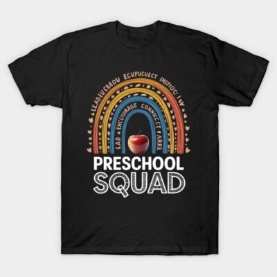 Black "Preschool Squad" t-shirt with colorful rainbow design and apple graphic, ideal for teachers or preschool events.