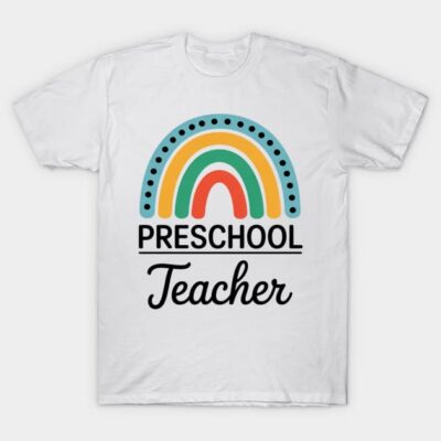 White t-shirt with colorful rainbow and "Preschool Teacher" text, ideal for educators, cotton material, casual style.