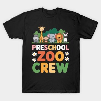 Black "Preschool Zoo Crew" T-shirt with colorful animal cartoon design, ideal for kids. Cotton material, casual wear.