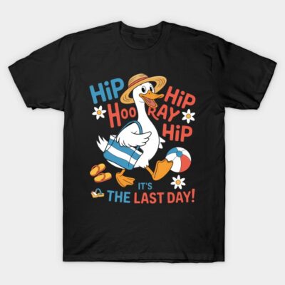 Black t-shirt with playful duck design, beach theme, colorful text "Hip Hooray," casual summer style.