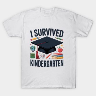 White "I Survived Kindergarten" t-shirt with colorful school-themed graphics, made from cotton. Fun graduation gift.