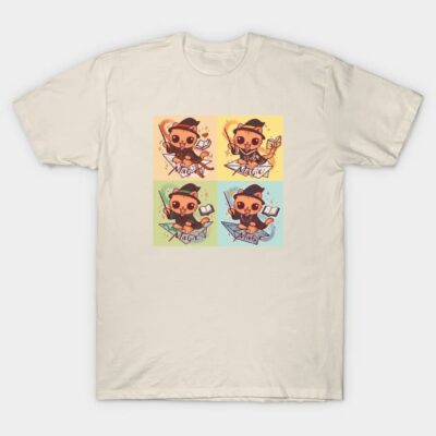 Cream-colored t-shirt with cute cartoon wizard graphic in four colorful panels, perfect for casual wear.